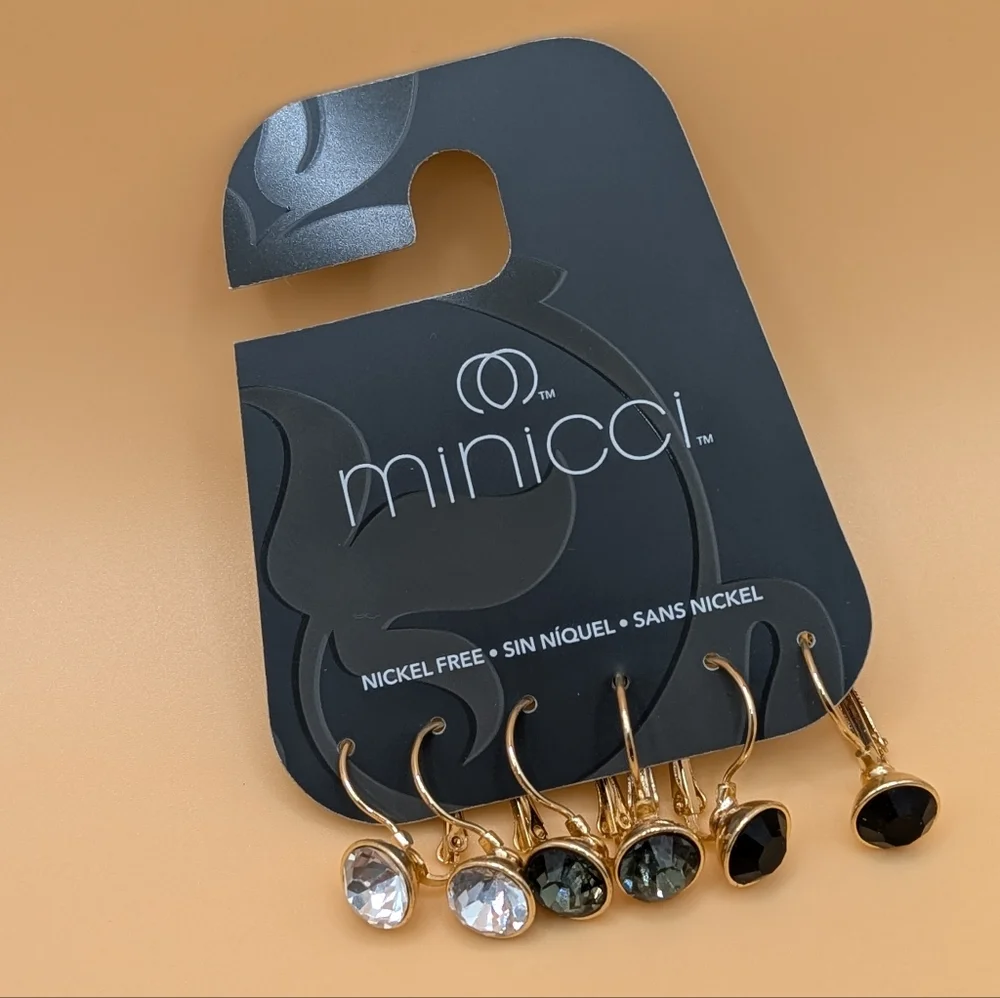 Minicci 3 Pairs of Gold-tone Leverback Earrings Black, Green & Clear Crystal NWT